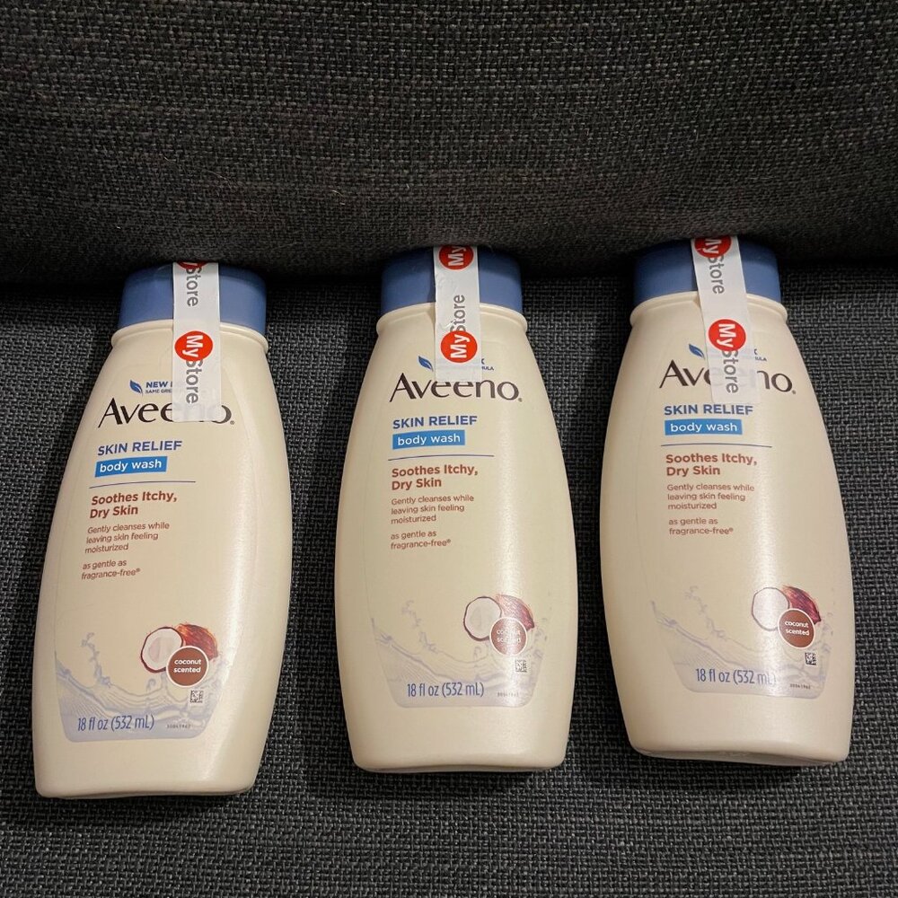 3 Bottles of Aveeno Skin Relief Body Wash Coconut Scent 18 fl oz , old formula